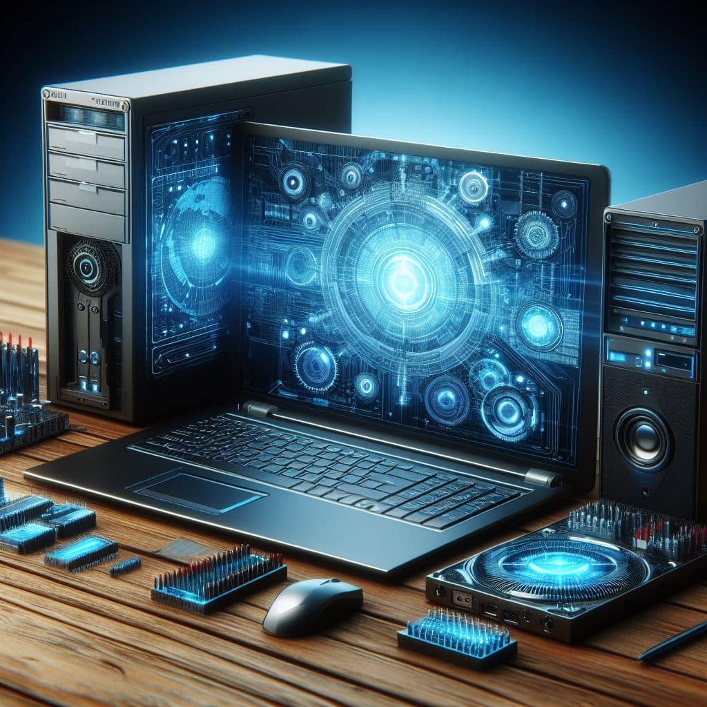 Ordinateur bleu néon avec son unité centrale sa souris et autres matériels posés sur un bureau