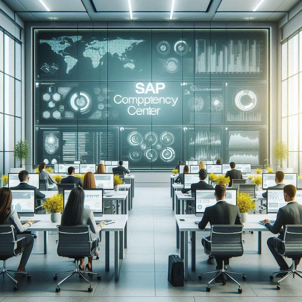 Centre de compétences SAP moderne et digital avec des consultants derrière des bureaux