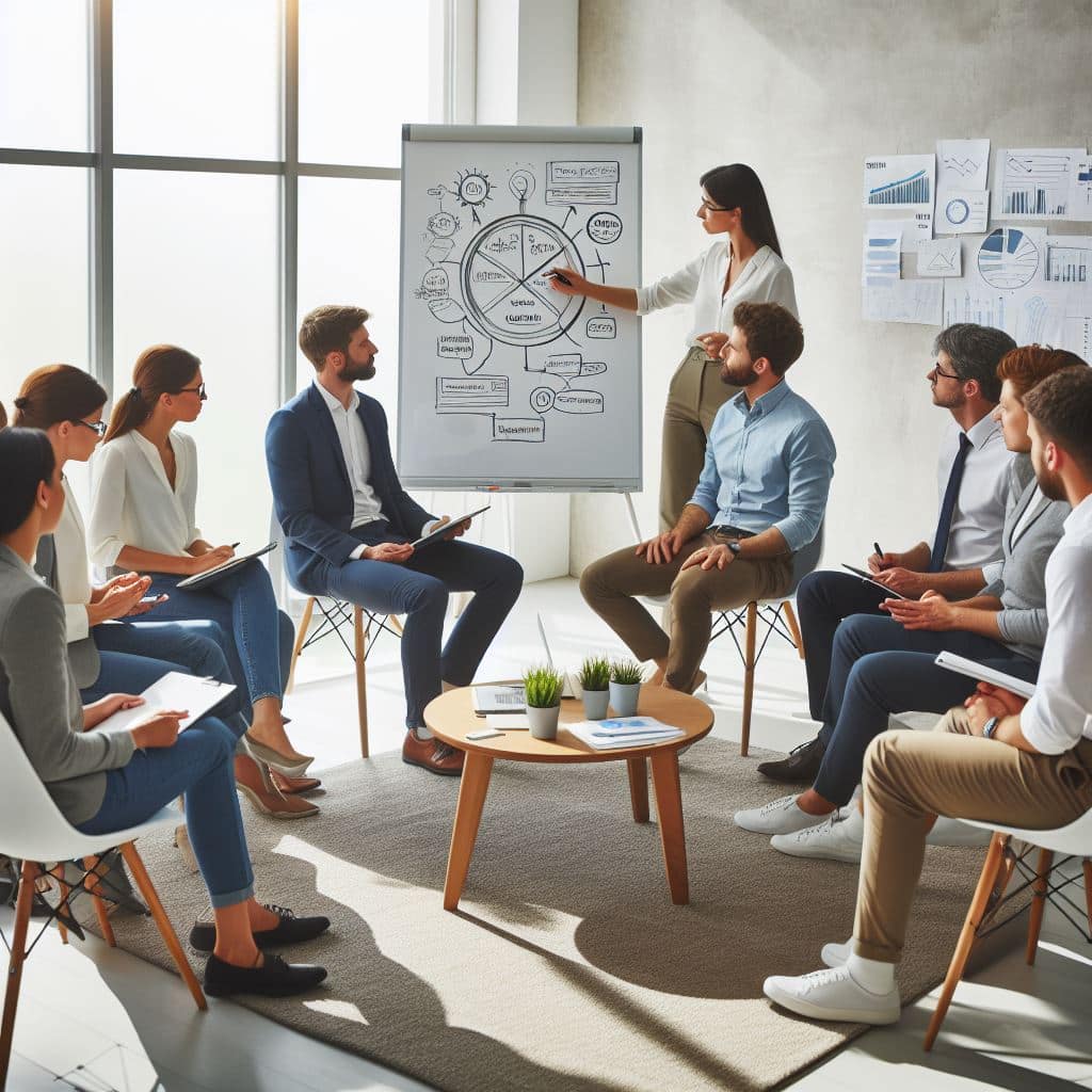 équipe écoutant une femme faire une formation
