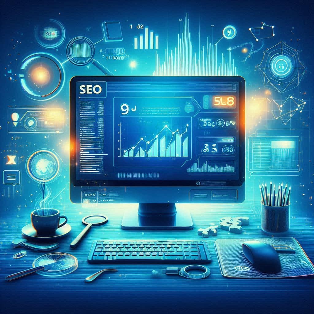 ordinateur avec des statistiques sur l'écran et l'acronyme SEO