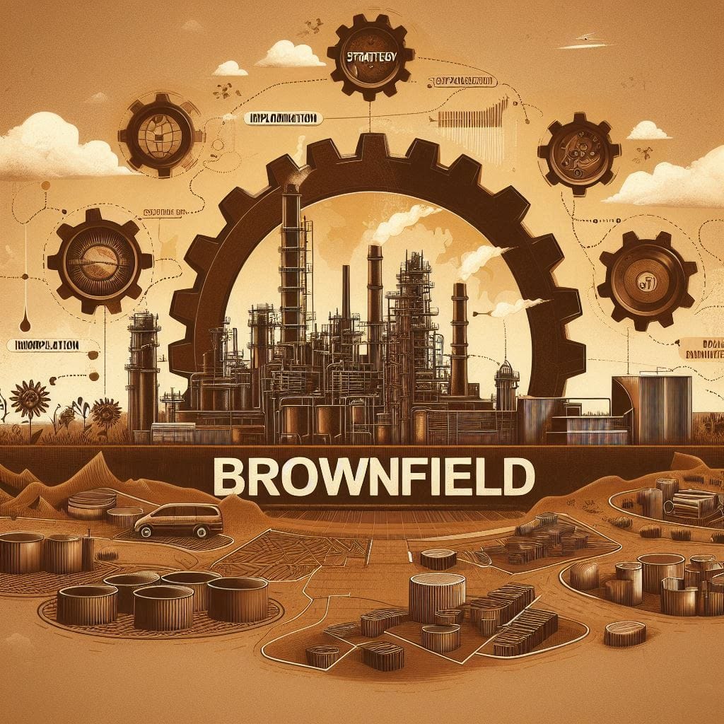 roue usine marron avec le mot Brownfield