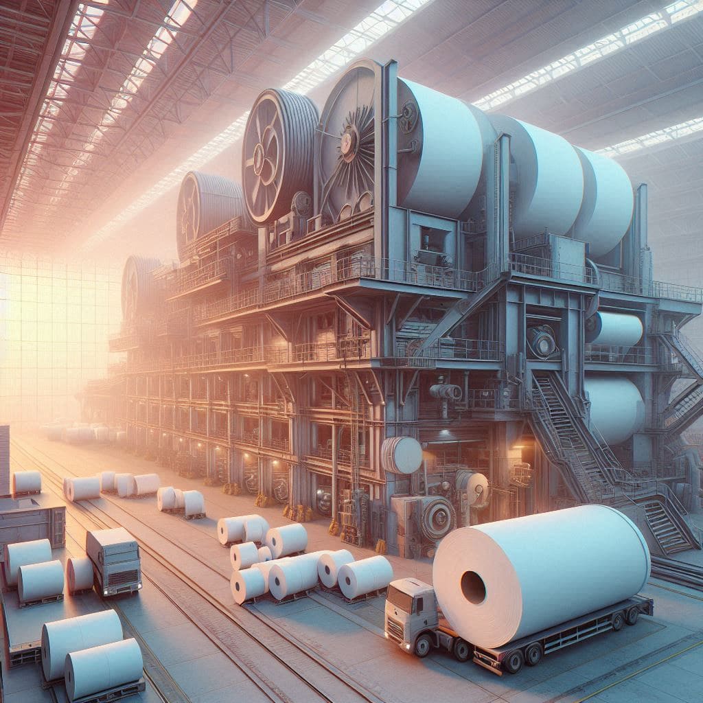 usine de papier avec machine à papier et rouleaux de papier
