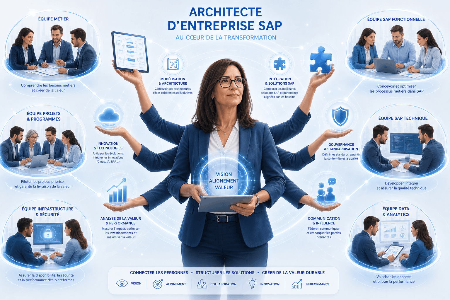 Image representant les interactions d'un architecte entreprise SAP avec les diverses équipes